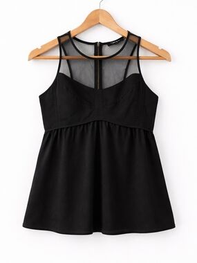 Black Mesh Yoke Sleeveless Babydoll Peplum Top